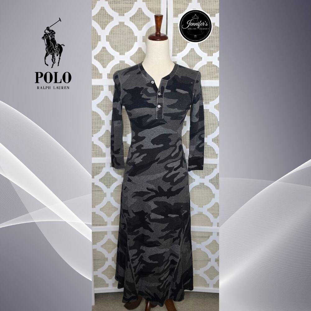 Polo by Ralph Lauren Gray Camo Henley V-Neck Maxi Dress Size SP